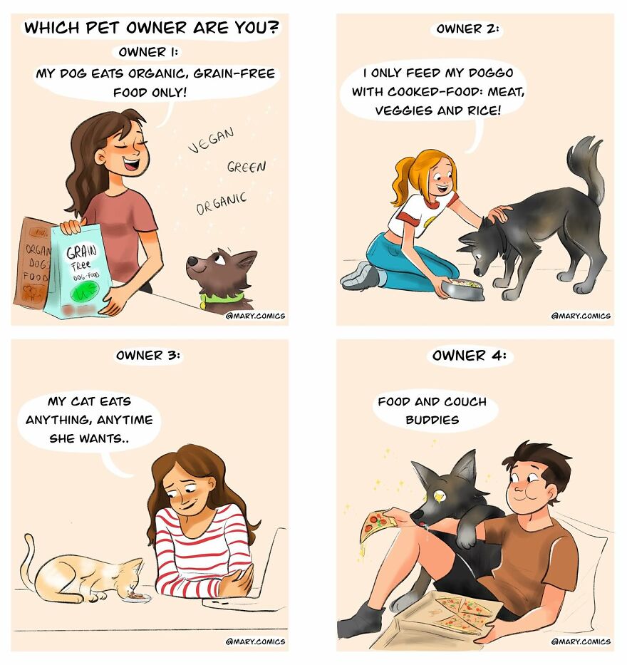 Comic panels showing different pet owners feeding their pets, part of artist made comics relatable to young people.