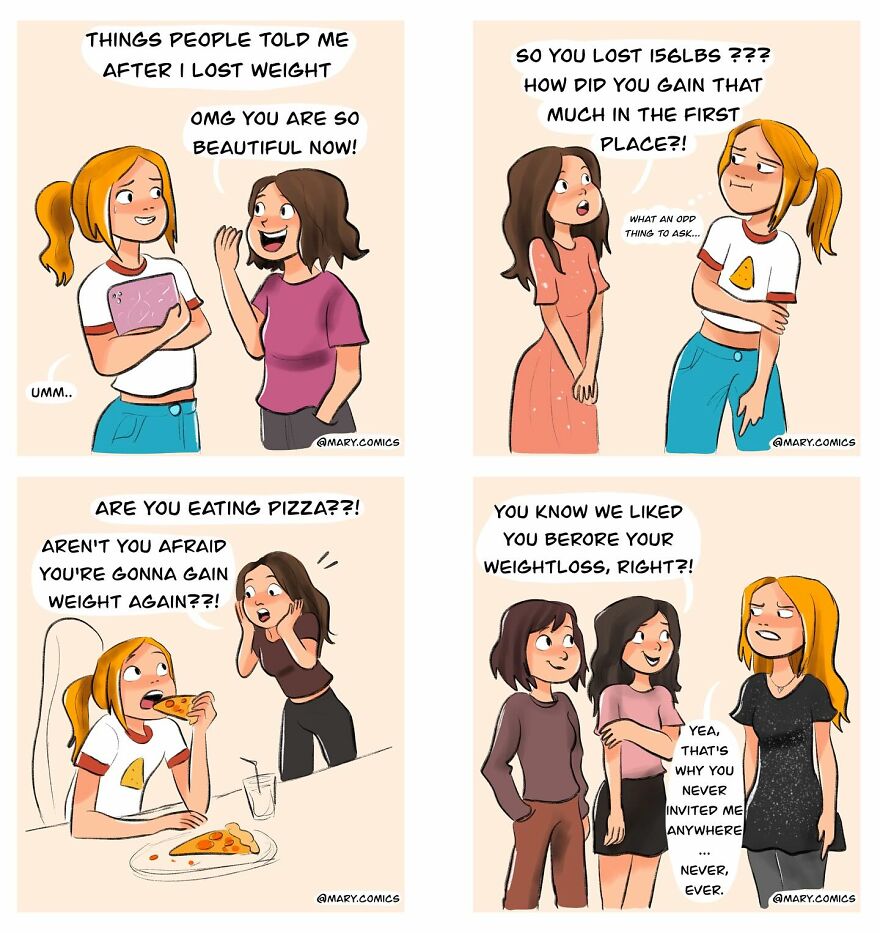 Comic panels by artist showing relatable weight loss experiences and reactions from friends in a colorful, humorous style.