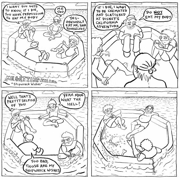 Comic strip by Mark Brinker showing how life can surprise you in the worst way during a shipwreck scenario.