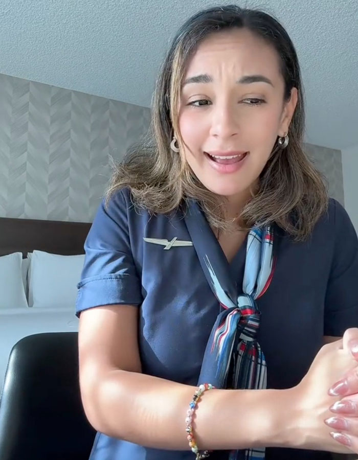 Flight attendant in navy uniform and patterned scarf smiling while sharing Meghan Markle's note story in a hotel room. Flight attendant in navy uniform and patterned scarf smiling while sharing Meghan Markle's note story in a hotel room.