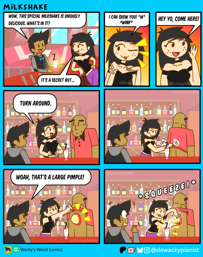 Chaotic and hilarious comic strip showing a woman squeezing a large pimple on a man's back in a busy bar setting.