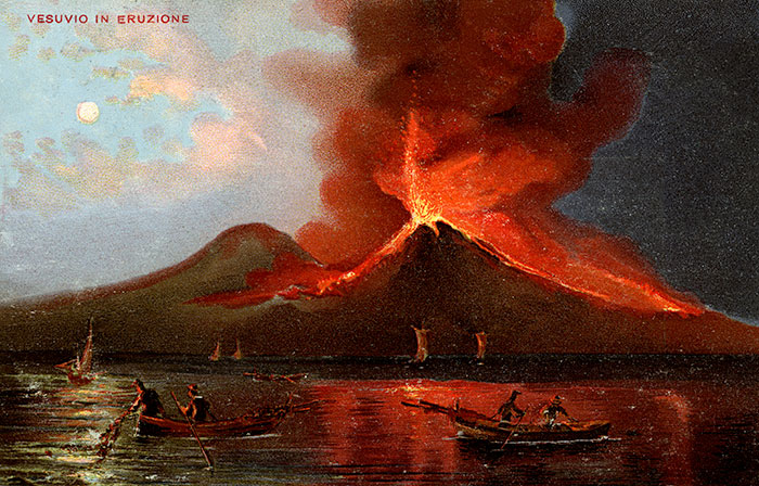 Eruption of Mount Vesuvius with glowing lava and boats on water, related to new Pompeii discovery and parents' tragic attempt. Eruption of Mount Vesuvius with glowing lava and boats on water, related to new Pompeii discovery and parents' tragic attempt.