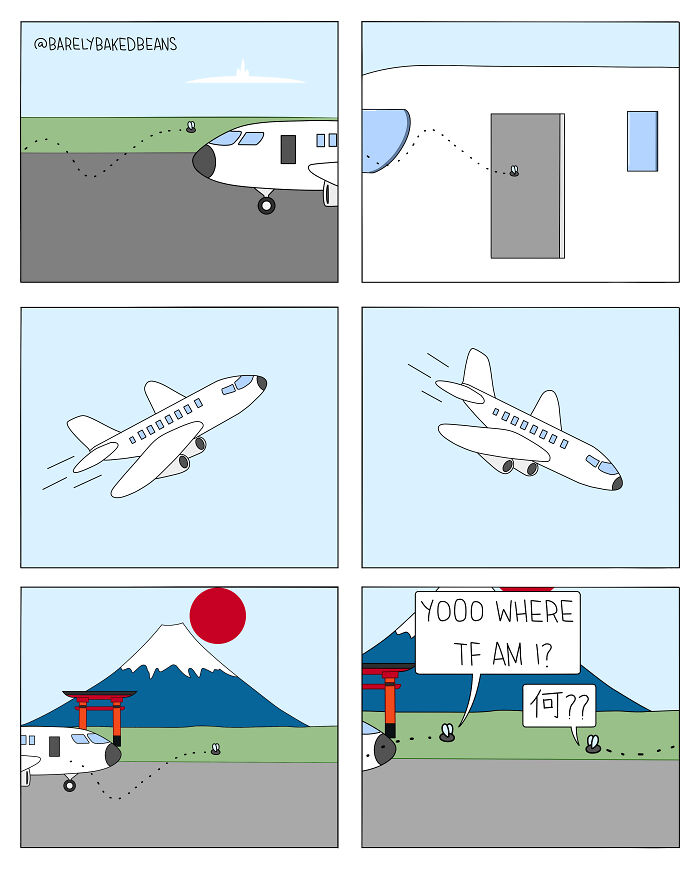 Hilarious and oddly heartwarming comic by Daniel Matheson shows a confused fly traveling by airplane to Japan.