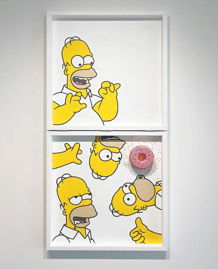 Artwork featuring Homer Simpson illustrations with a pink sprinkled donut, showcasing unique sprinkle-covered art by Pepe Bratanov.