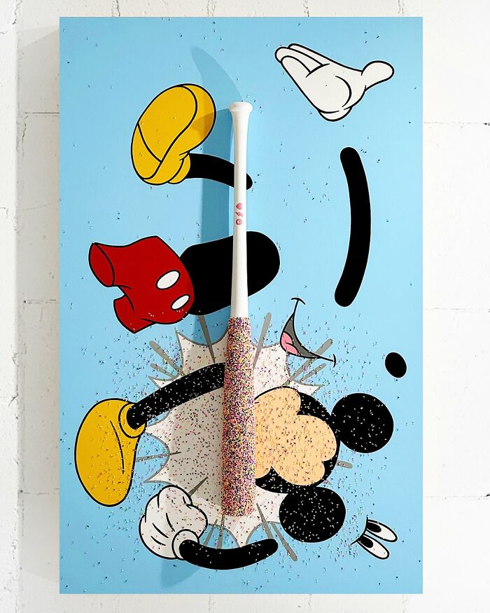 Baseball bat covered in colorful sprinkles displayed on a cartoon background as unique artwork by Pepe Bratanov.