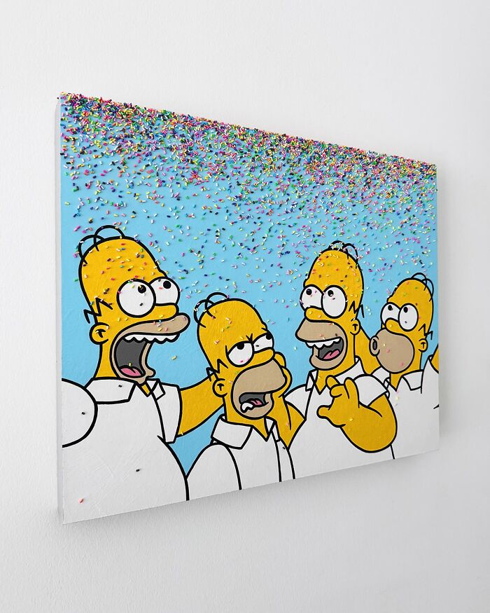 Colorful artwork depicting multiple Homer Simpson figures covered in sprinkles, showcasing unique sprinkle art by Pepe Bratanov.