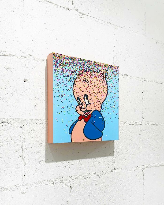 Colorful artwork of a cartoon character covered in vibrant sprinkles, showcasing unique sprinkle art by Pepe Bratanov.