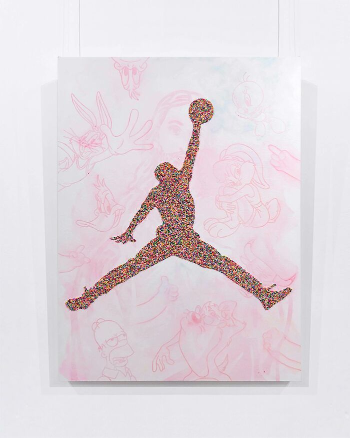 Silhouette of a basketball player covered in colorful sprinkles with cartoon characters in soft pink background.