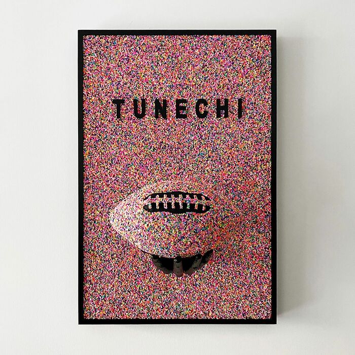 Unique artwork featuring a football covered in colorful sprinkles mounted on a sprinkle-covered background by Pepe Bratanov