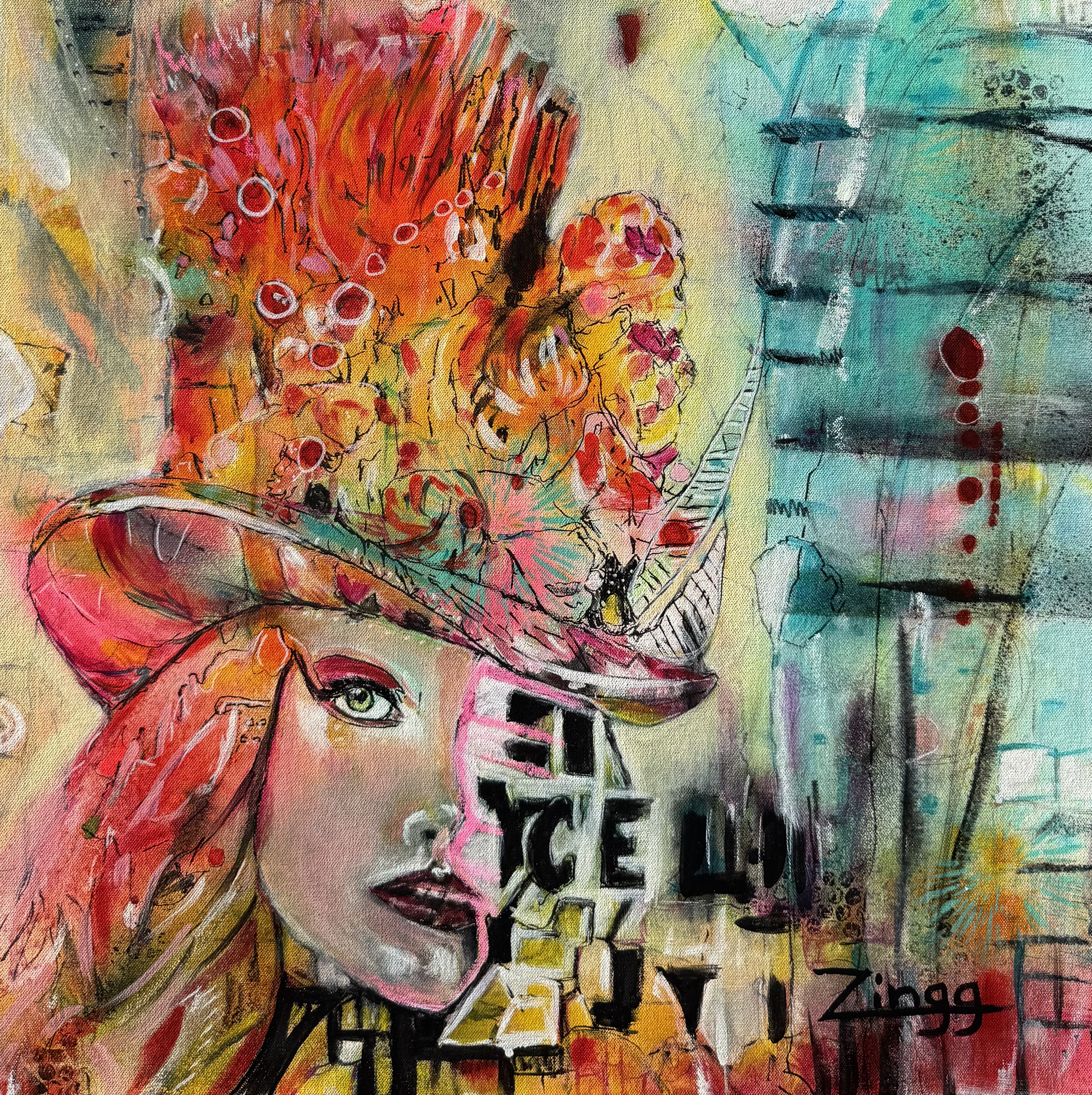 “Quizzical Allure”A 24×24-Inch Oil And Mixed Media Painting On Canvas By Theresa Zingg. Visit Www.theresazingg.com