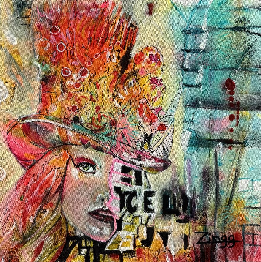 "Quizzical Allure"A 24x24-Inch Oil And Mixed Media Painting On Canvas By Theresa Zingg. Visit Www.theresazingg.com