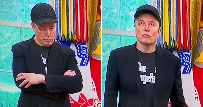 Elon Musk at White House, wearing black cap and jacket, showing signs of black eye and head ticks, raising concerns. Elon Musk at White House, wearing black cap and jacket, showing signs of black eye and head ticks, raising concerns.