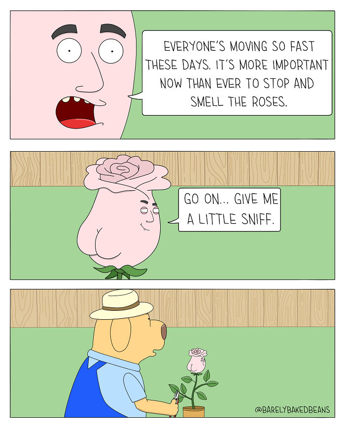 Hilarious and heartwarming comic by Daniel Matheson featuring a talking rose and a dog stopping to smell the roses.