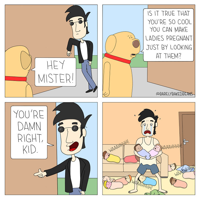 Comic by Daniel Matheson showing a cool man humorously overwhelmed by multiple crying babies, in hilarious and heartwarming style.