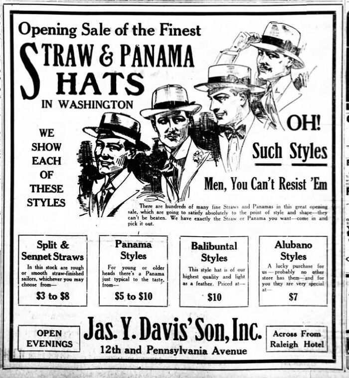 Vintage newspaper ad showing men wearing various straw and Panama hats, illustrating bizarre historical events in fashion.