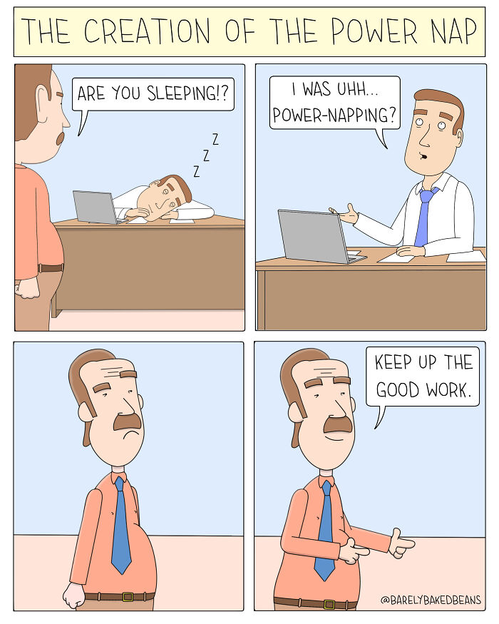 Hilarious and heartwarming comic by Daniel Matheson showing a man caught power-napping at his office desk.
