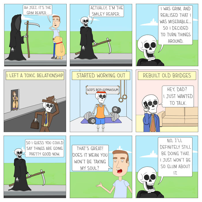 Comic by Daniel Matheson showing a humorous and heartwarming Grim Reaper skeleton changing his life for the better.