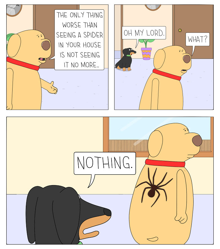 Comic panel by Daniel Matheson showing two dogs discussing a hidden spider, illustrating hilarious and heartwarming moments.