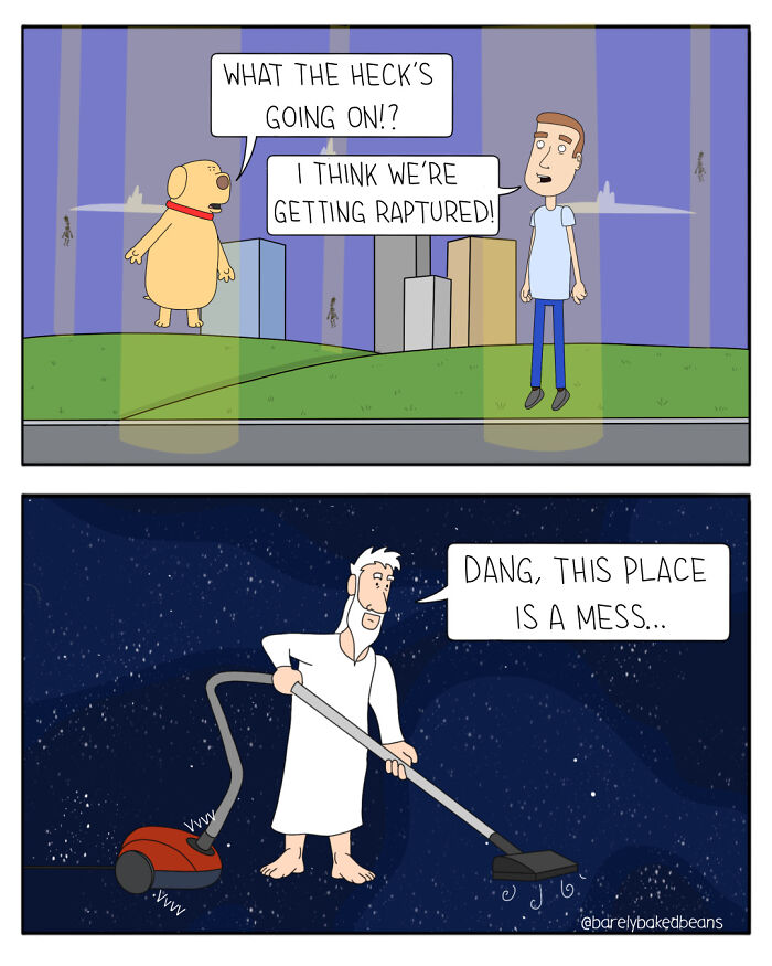 Comic panels by Cartoonist Daniel Matheson showing a dog and man confused, and a bearded man vacuuming space.