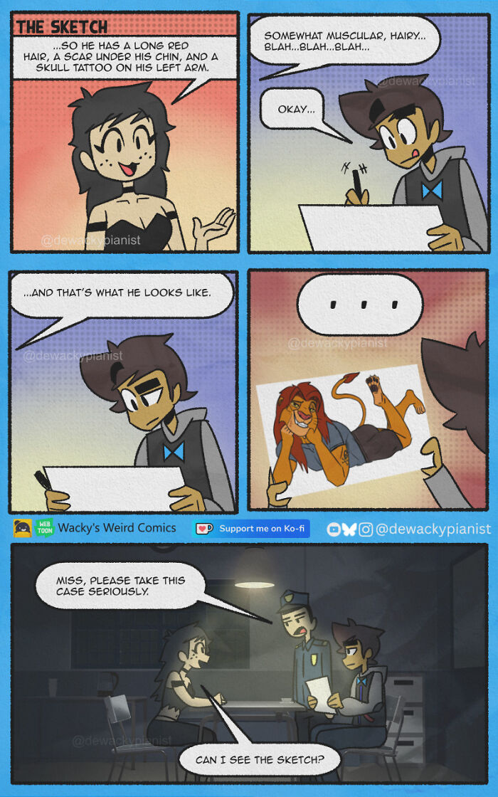 Comic strip showing a humorous chaotic artist sketching based on a description, with a funny unexpected result.