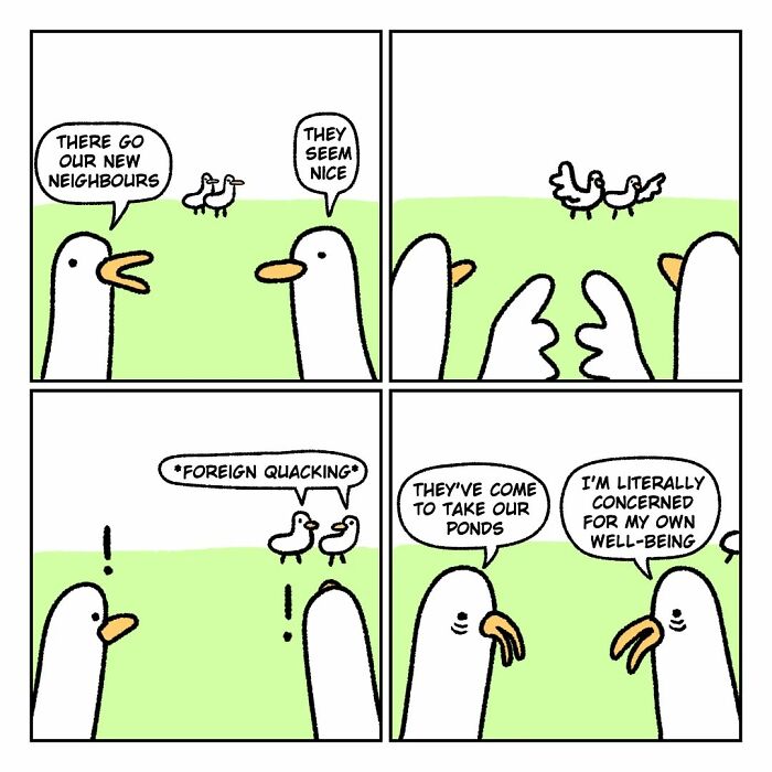 Comic strip showing relatable funny birds reacting to new neighbors with humor, inspired by everyday life and weird thoughts.