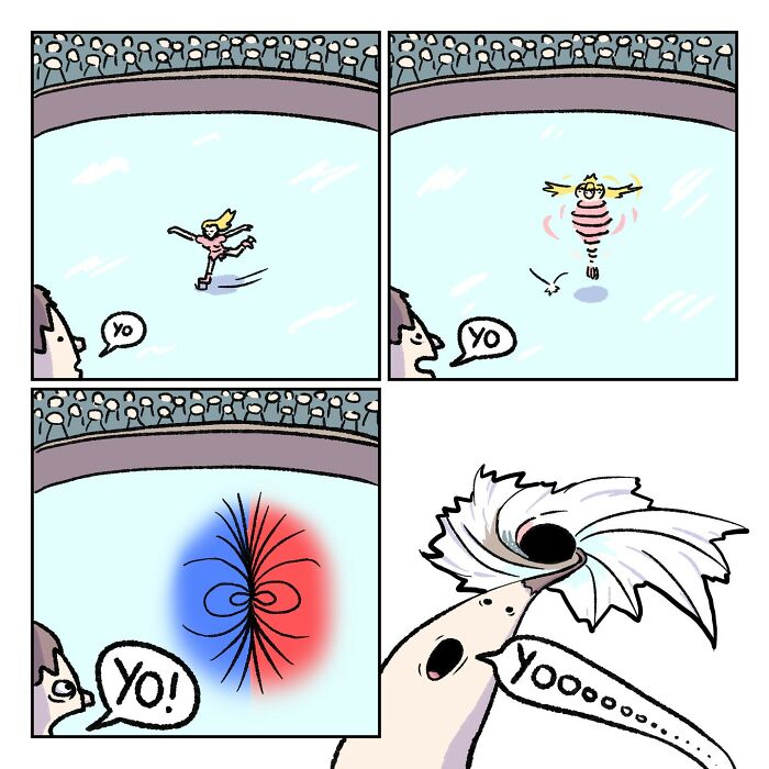 Relatable and funny comic showing a figure on ice morphing into a vortex with humorous speech bubbles.