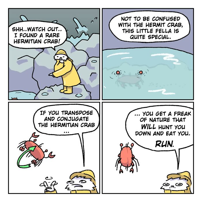 Relatable and funny comics by Oatmink showing everyday life humor with quirky hermitian crab and weird sparks of thought.