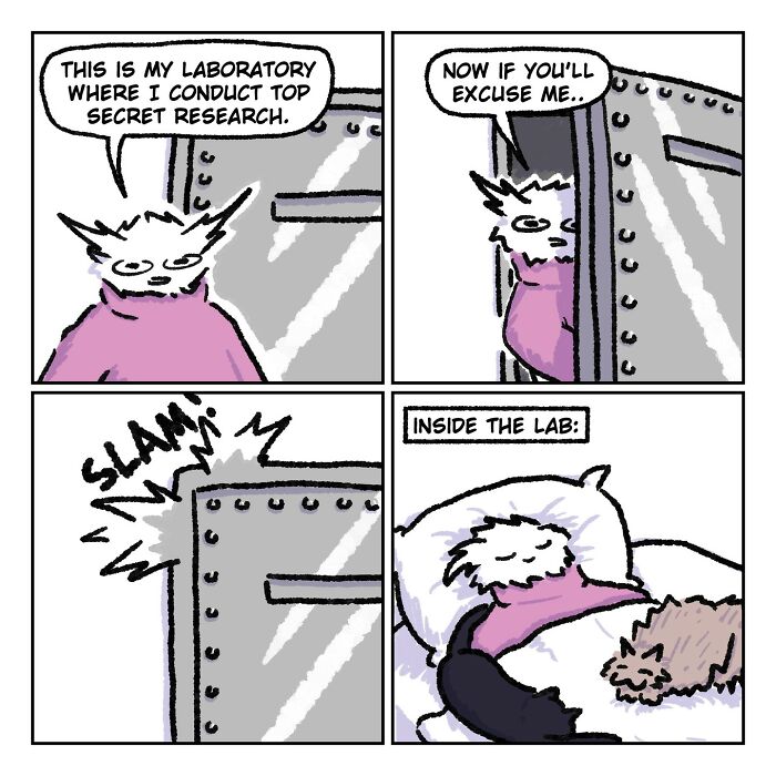 Relatable and funny comic by Oatmink showing secret research lab turning out to be a cozy nap spot with cats.
