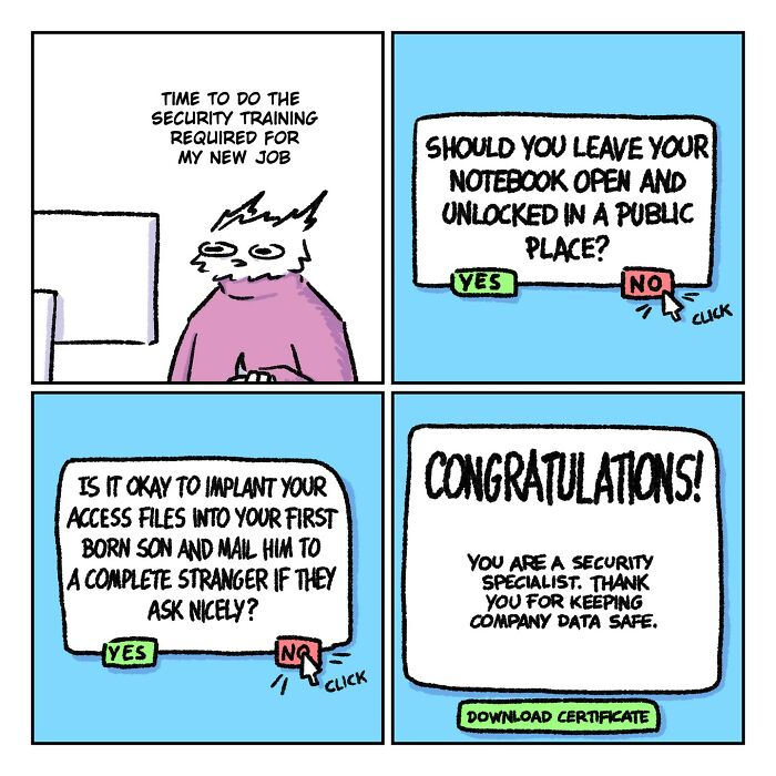 Relatable and funny comic by Oatmink showing security training questions with humorous answers about data safety.