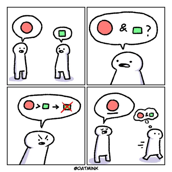 Relatable and funny comics by Oatmink featuring simple characters in a humorous conversation about shapes and symbols.