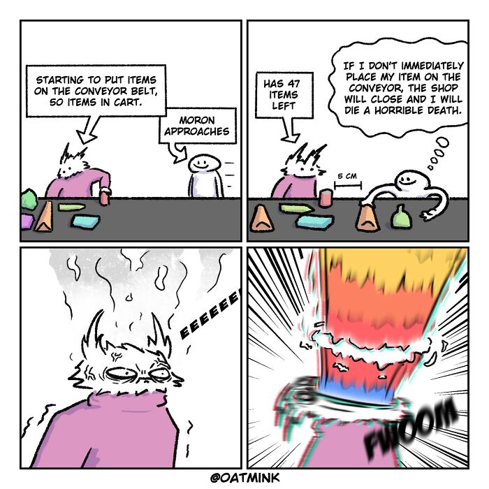 Relatable and funny comic by Oatmink showing a stressful grocery checkout inspired by everyday life moments.