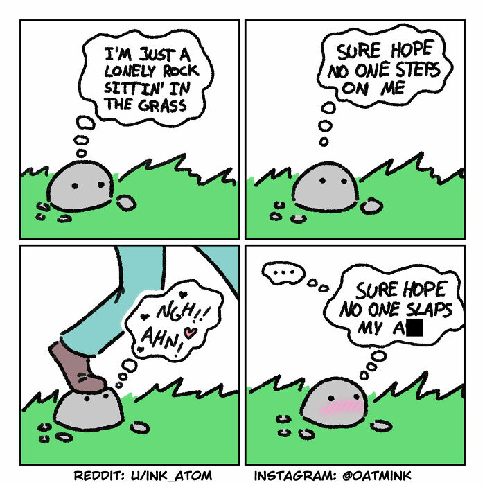 Comic strip showing a relatable and funny rock character with thoughts about being stepped on and slapped, inspired by everyday life.