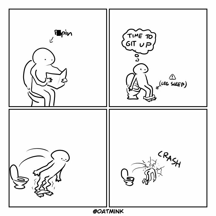 Relatable and funny comic by Oatmink showing a person struggling to get up from the toilet due to leg sleep.