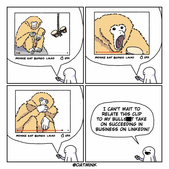 Relatable and funny comic by Oatmink showing a person watching and reacting to a monkey eating bongos video.