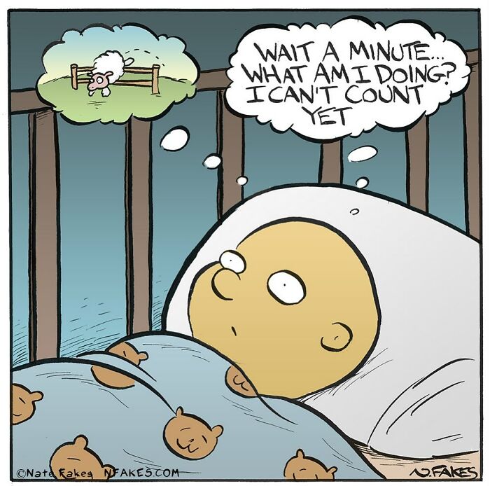 One-panel comic by Nate Fakes showing a baby unable to count sheep while trying to sleep.