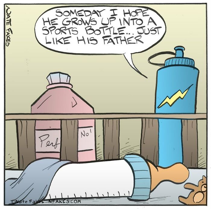 One-panel comic by Nate Fakes showing a baby bottle and sports bottle with a humorous caption about family traits.