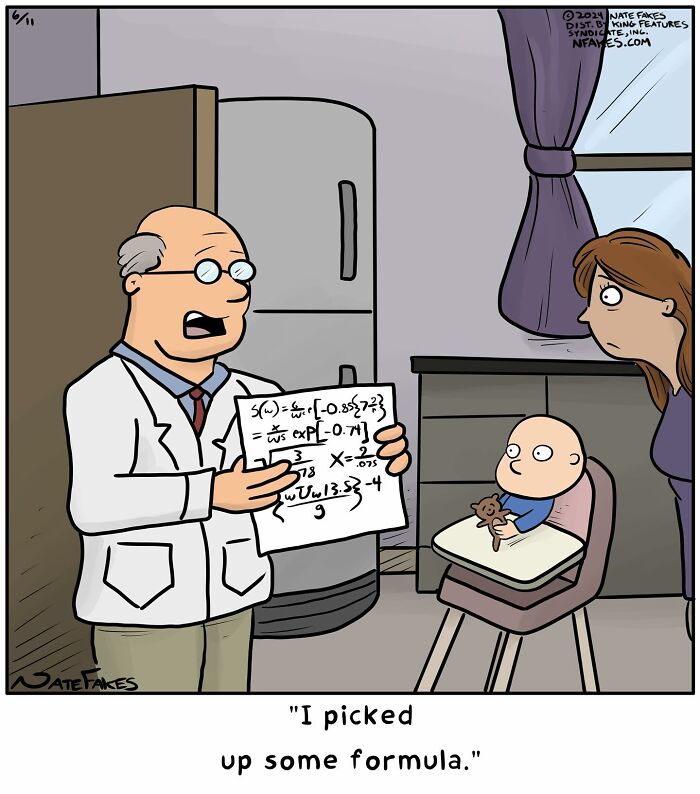 Cartoon doctor humorously explaining complex formula to baby and mother in a one-panel comic by Nate Fakes.