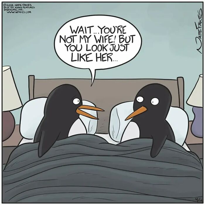 One-panel comic by Nate Fakes showing two penguins in bed with a humorous mistaken identity dialogue.
