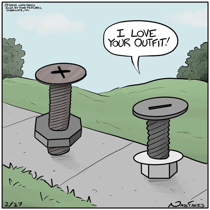 One-panel comic by Nate Fakes showing two screws with different outfits complimenting each other outdoors.