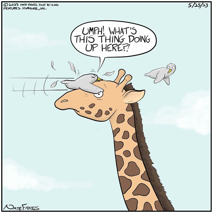 One-panel comic by Nate Fakes showing a giraffe surprised by a bird hitting its face in a funny moment.