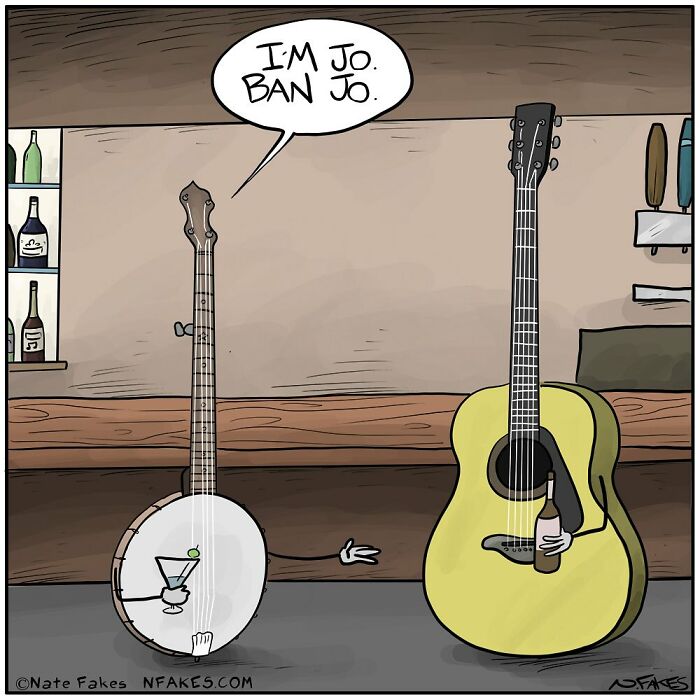 One-panel comic by Nate Fakes showing a banjo introducing itself to a guitar holding a bottle in a bar setting.