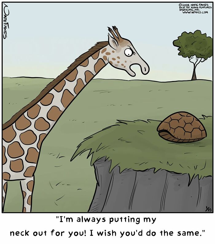 One-panel comic by Nate Fakes showing a giraffe talking to a turtle with a witty caption.