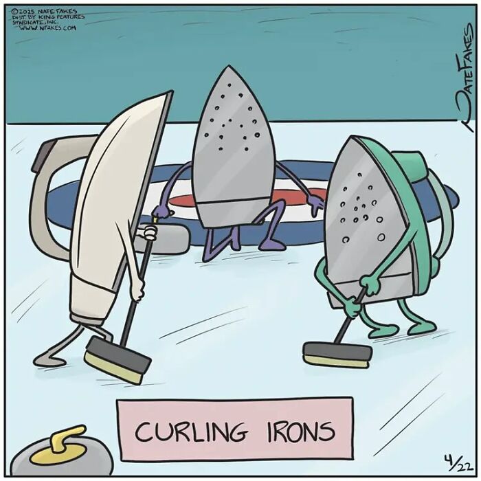 Cartoon of animated irons playing curling on ice, featuring a humorous scene from one-panel comics by Nate Fakes.