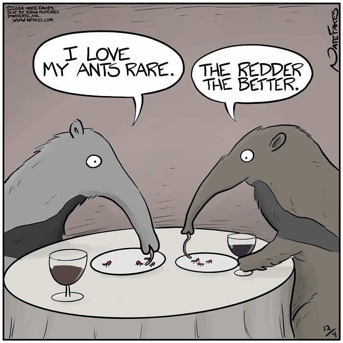 One-panel comic by Nate Fakes showing two anteaters dining and discussing their preference for rare ants.