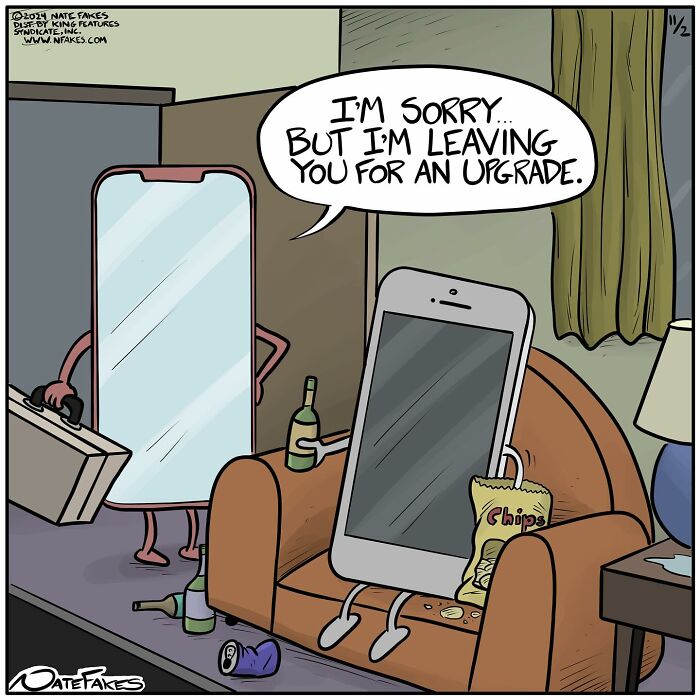 One-panel comic by Nate Fakes showing two cell phones, one leaving the other for an upgrade with chips on a couch.