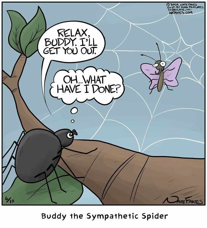 One-panel comic by Nate Fakes shows a sympathetic spider talking to a butterfly caught in its web.