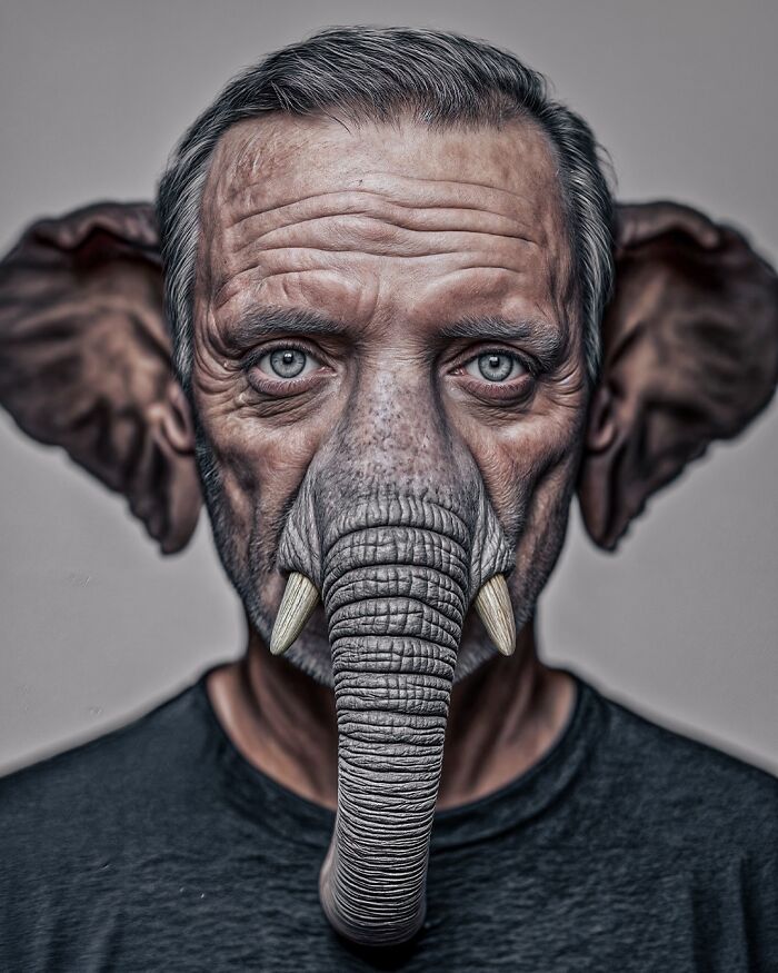 Portrait of a man with blended elephant features, showcasing the artist's exploration of humans, animals, and identity.