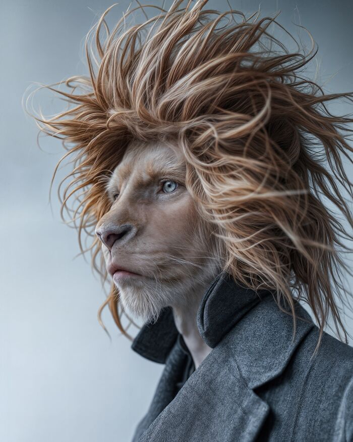 Human and lion hybrid with wild hair wearing a gray coat, showcasing the blend of humans with animals and imagination.