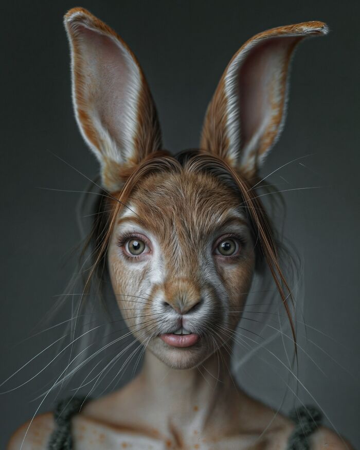 Surreal portrait blending human features with animal traits, exploring identity, instinct, and imagination in art.
