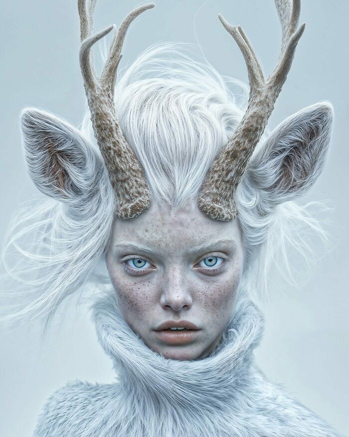 Surreal portrait blending humans with animals showing a woman with deer-like antlers and fur exploring identity and imagination.